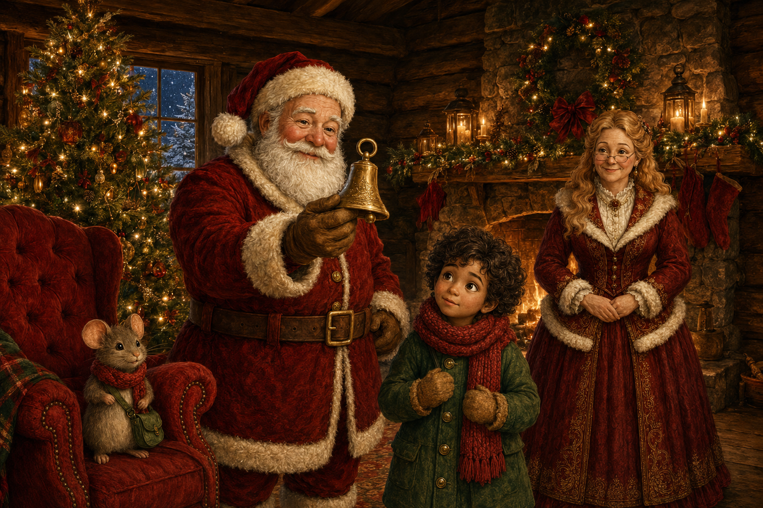 Santa, Mrs. Claus, Sam and Pip gathered in the decorated log house