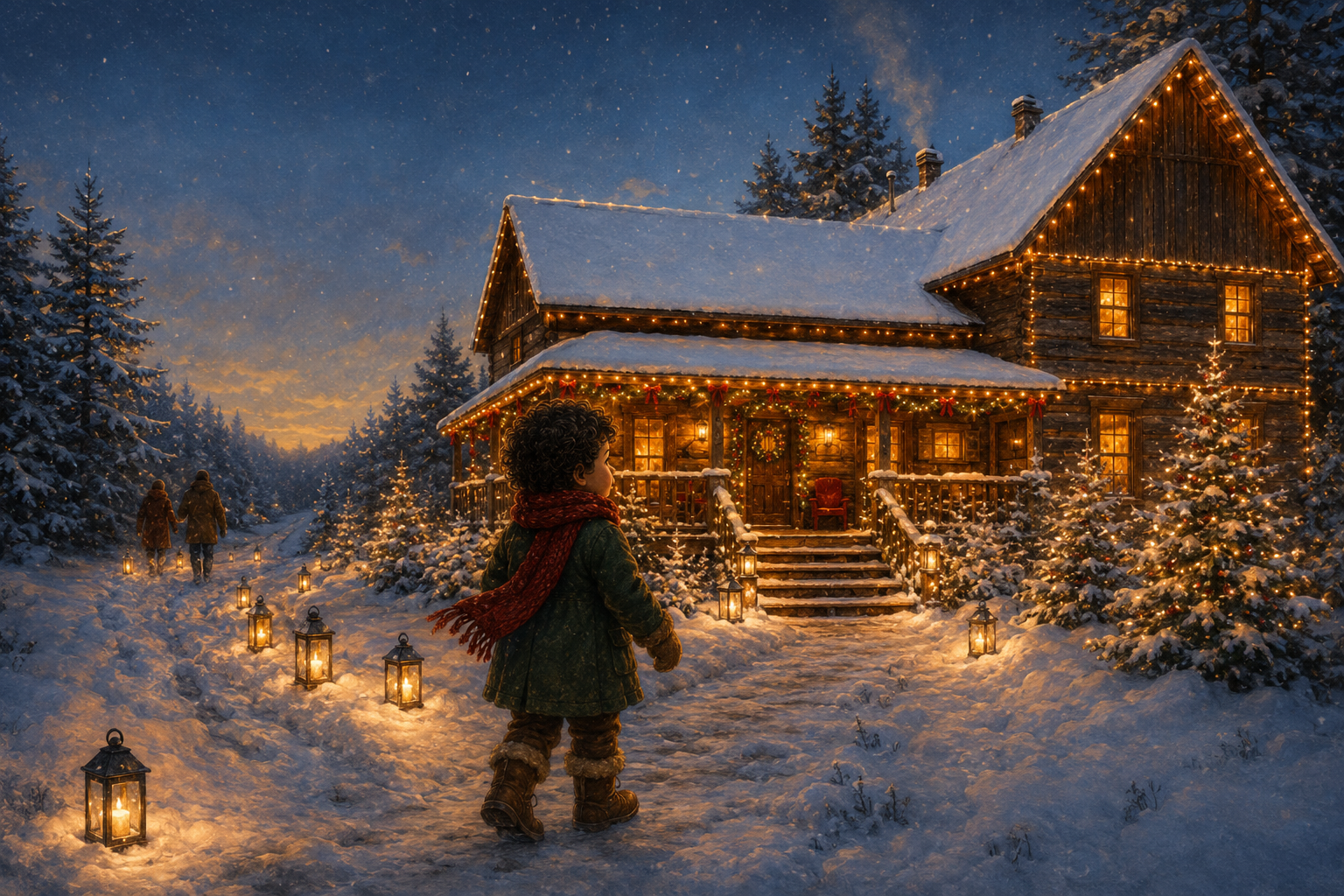 Sam follows glowing lanterns through the snow toward Santa's Log House