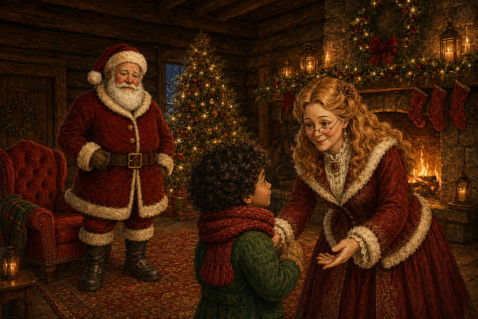 Mrs. Claus warmly welcomes Sam while Santa stands beside the Christmas tree