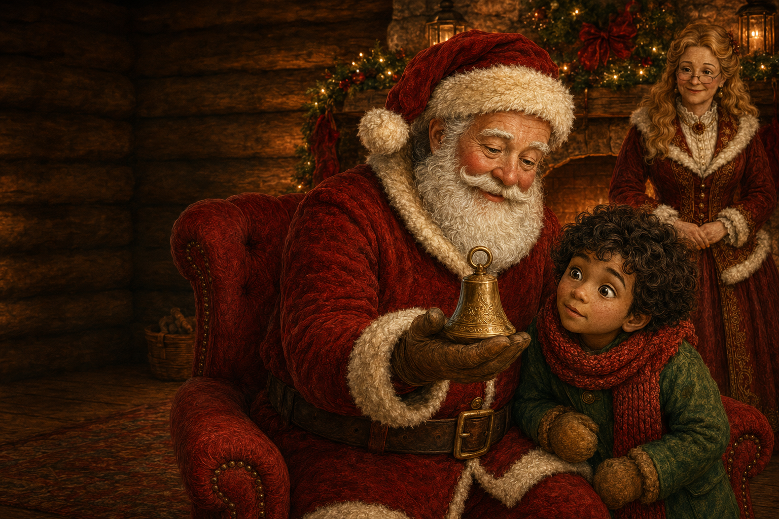 Santa shows Sam a small golden Christmas bell