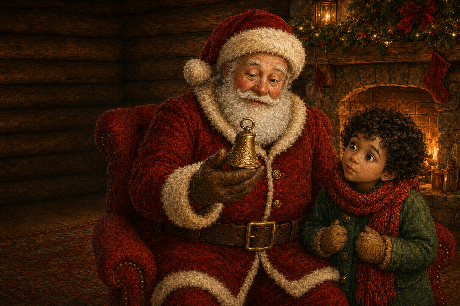 Santa carefully shakes the silent golden bell as Sam listens