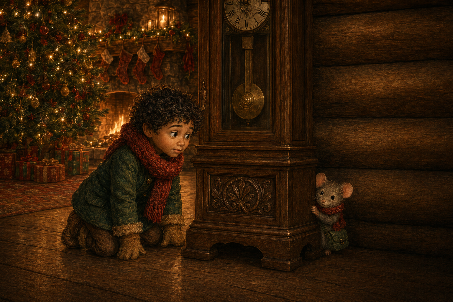 Sam discovers Pip the mouse peeking from behind the grandfather clock