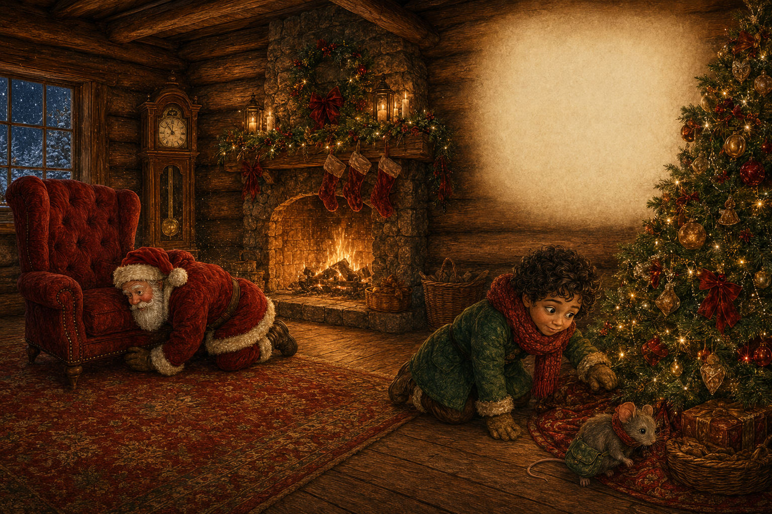 Sam and Pip search the decorated room while Santa looks beneath his red chair