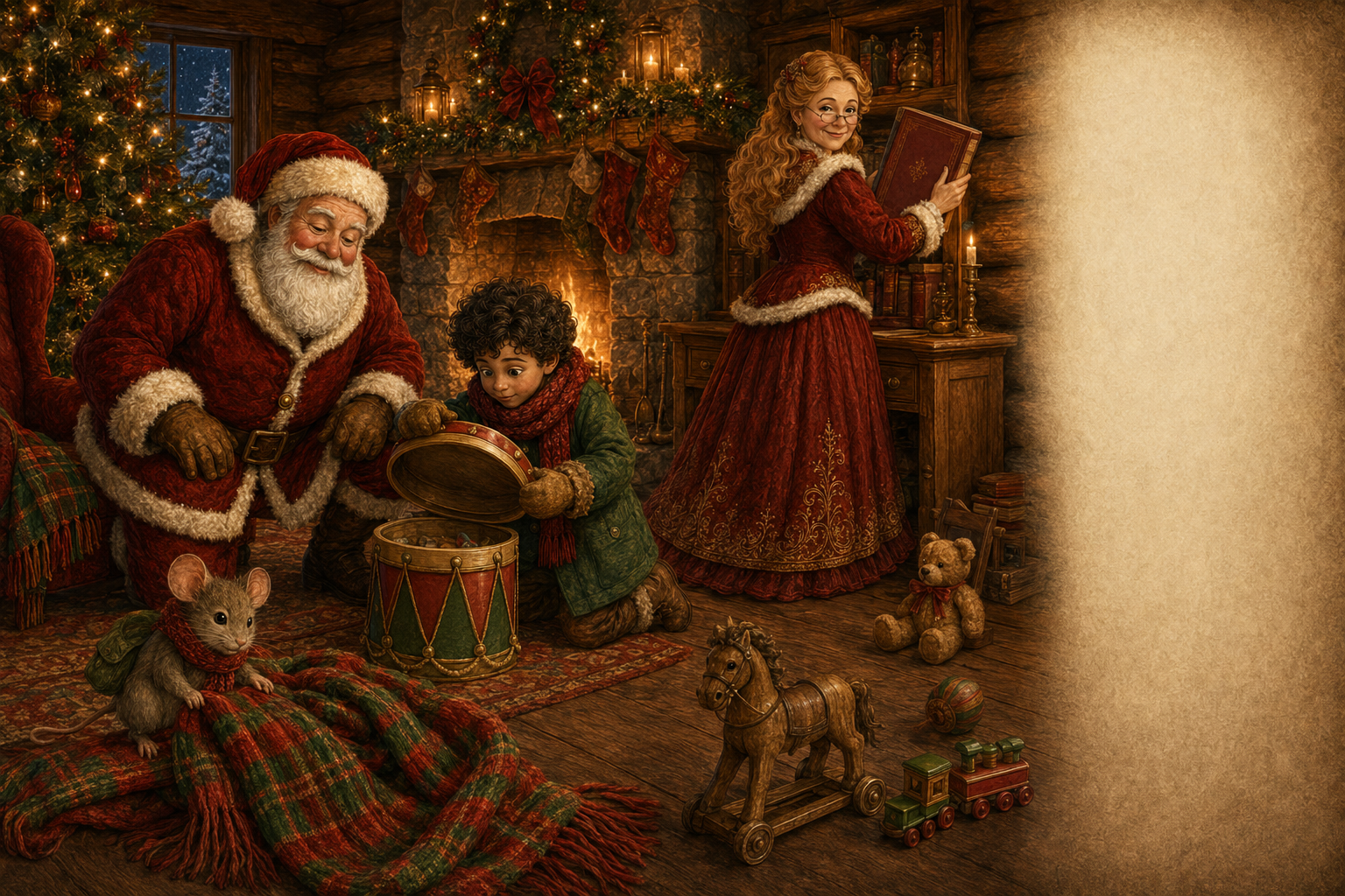 Sam, Santa, Mrs. Claus and Pip search among toys, a scarf and a recipe book