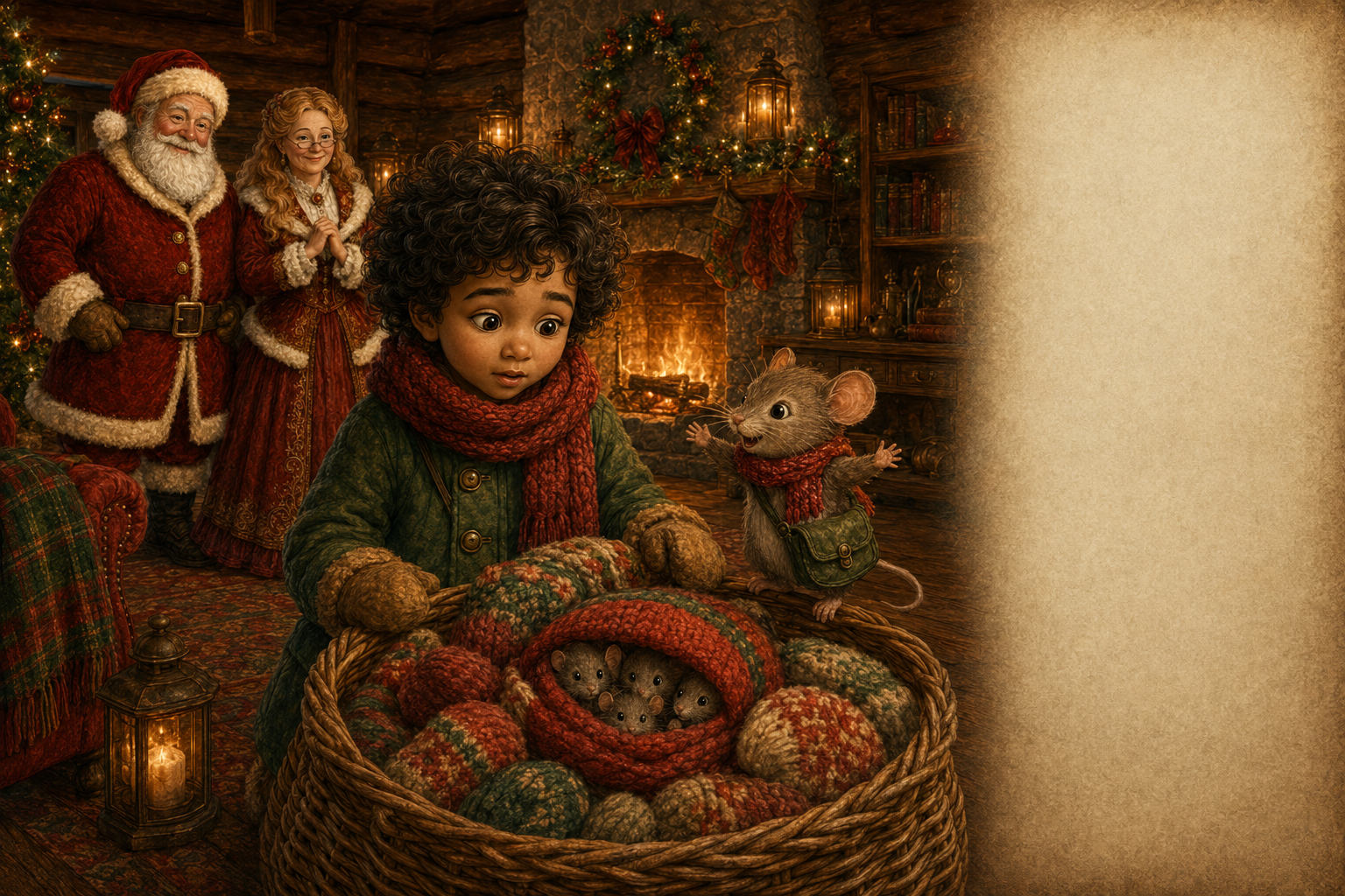 Sam and Pip discover the mouse family inside a warm tartan mitten