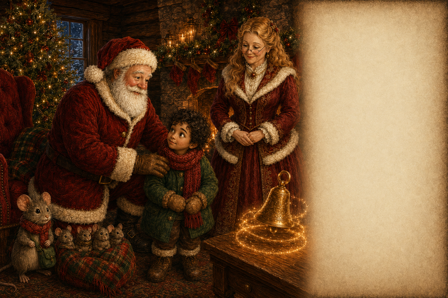 Santa explains the bell's secret to Sam while Mrs. Claus and the mice listen