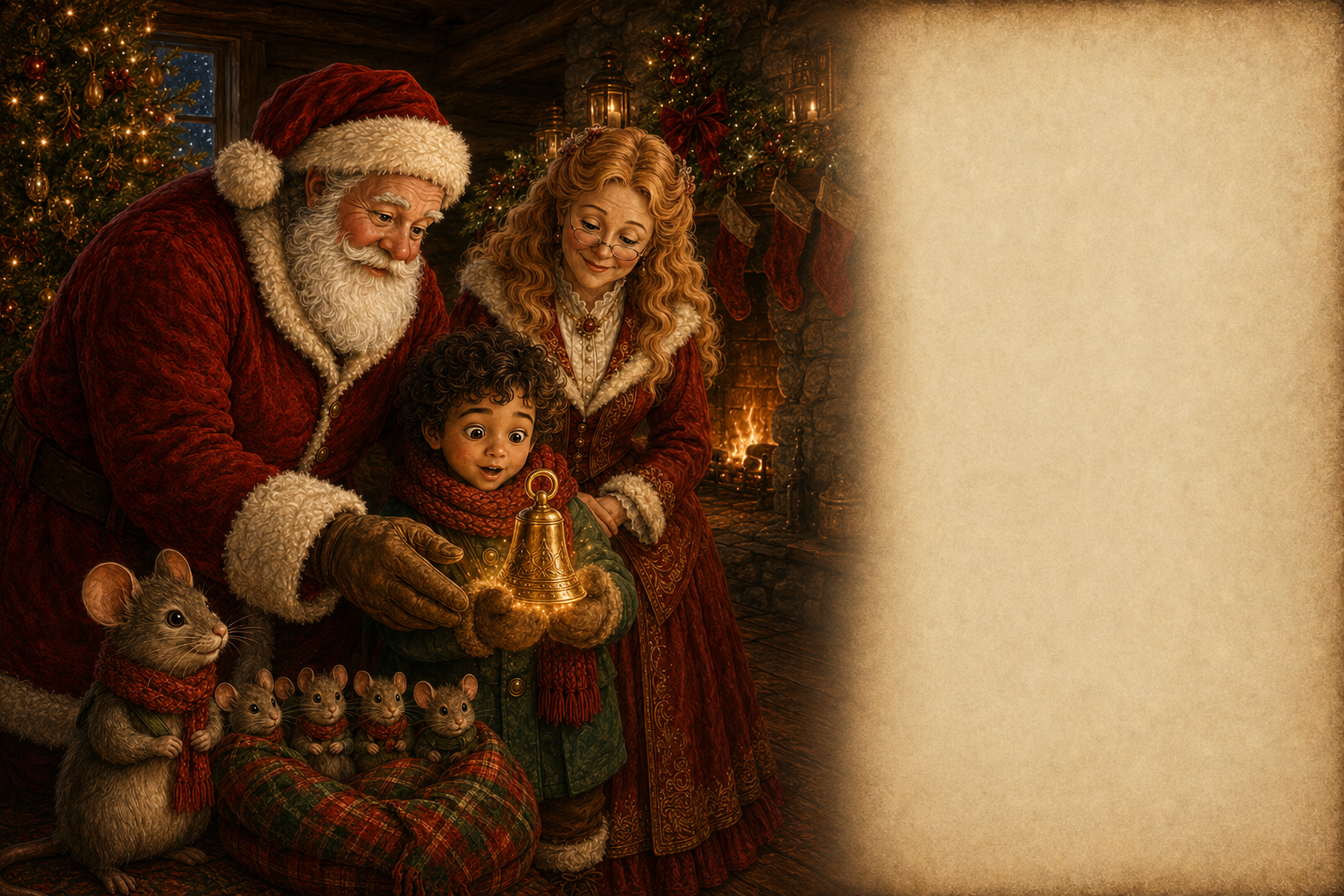 Santa places the golden bell into Sam's hands