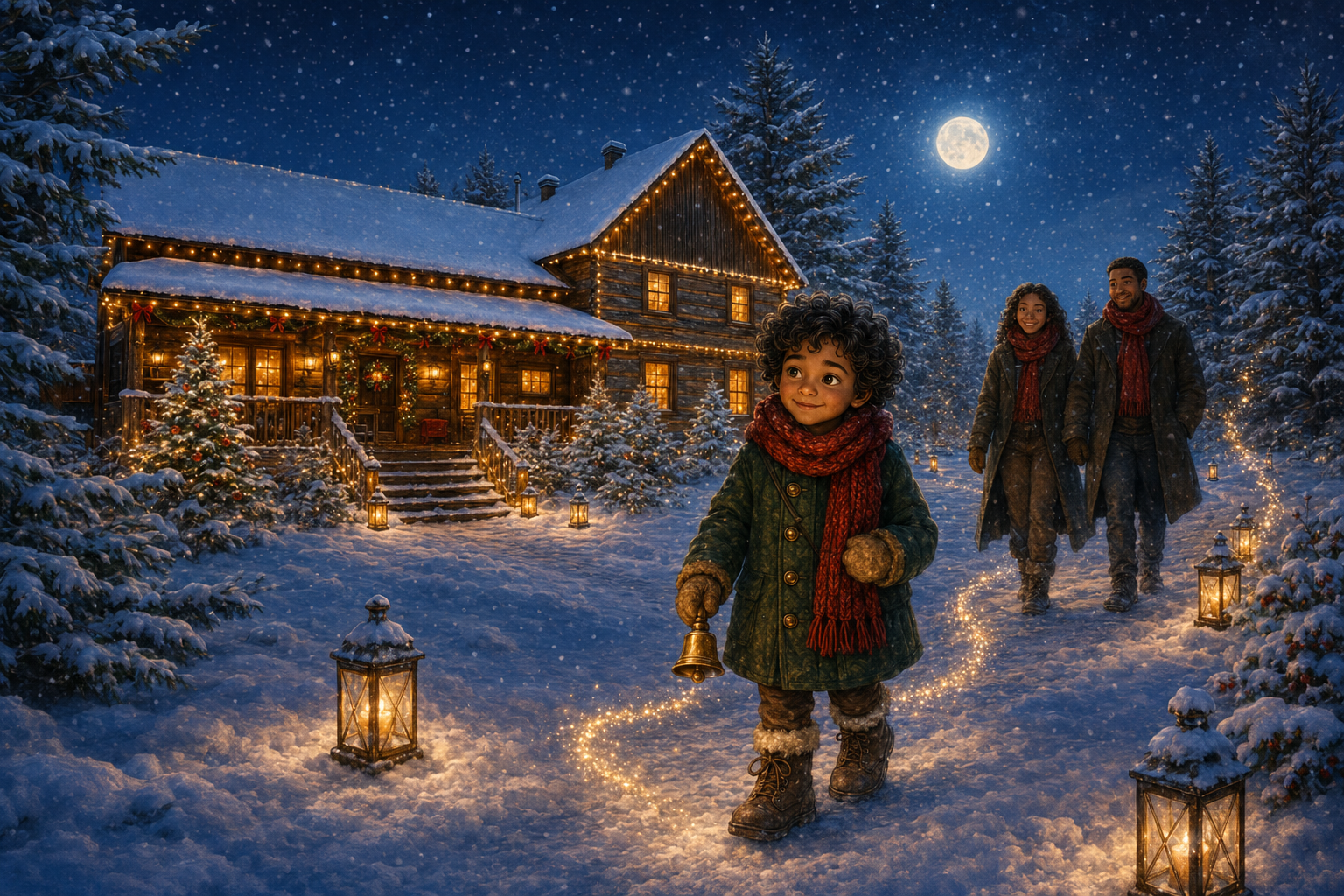 Sam carries the golden bell home through the moonlit snow