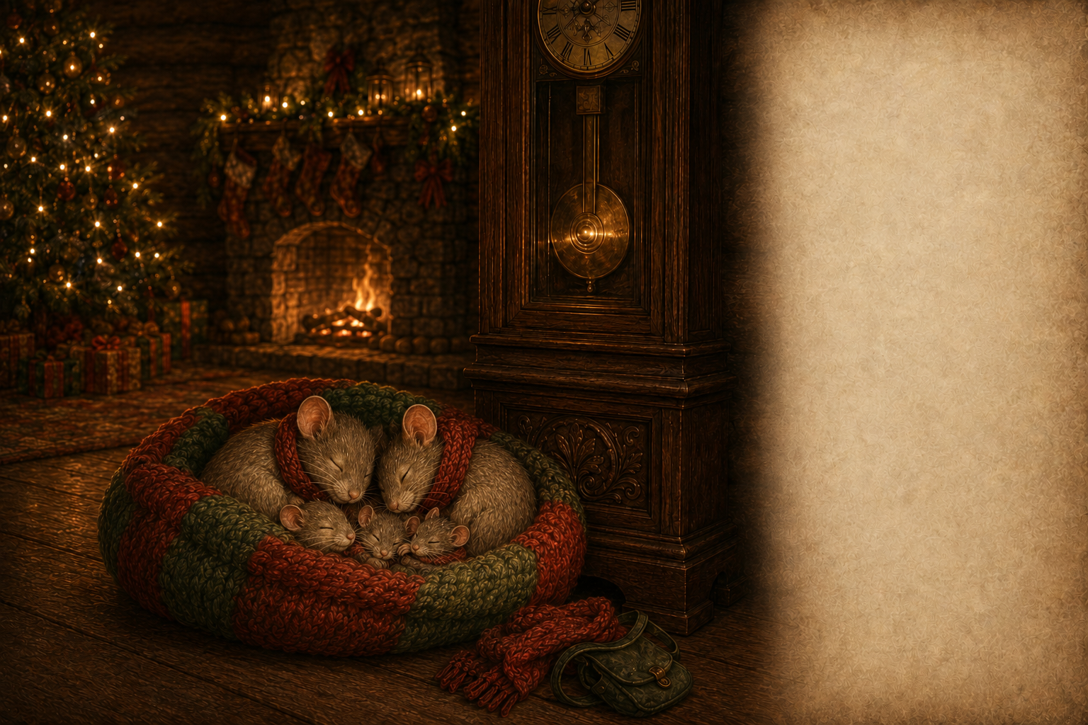 Pip and his mouse family sleep warmly beneath the grandfather clock