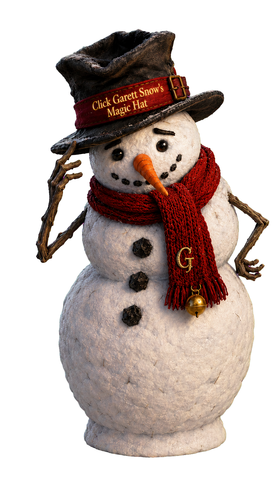 Garett Snow, the magical snowman, tipping his enchanted black hat