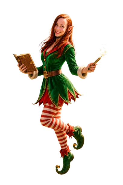 Britt, the Booking Elf, holding her enchanted booking ledger and magic pen